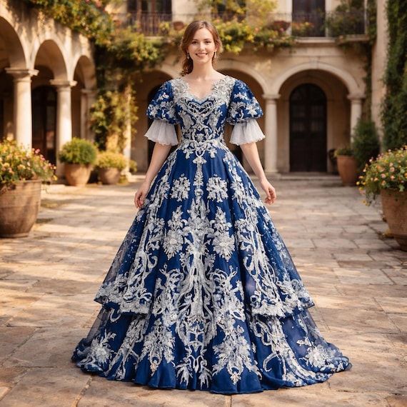 Fantasy Victorian Embroidered Prom Dress Celadon Blue Renaissance A-Line Lace Insert Long Elegant Gown Fantasy Victorian Embroidered Prom Dress Celadon Blue Renaissance A-Line Lace Insert Long Elegant Gown