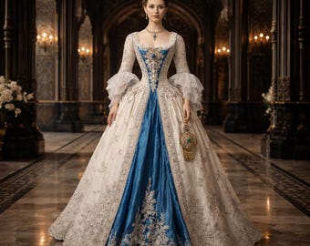 May include: A woman in a formal gown with a long, flowing skirt. The dress is primarily cream-colored with intricate lace detailing and a vibrant blue panel down the front. She wears a tiara and holds a gold purse.