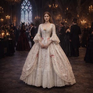 Puede incluir: Una mujer con un vestido de baile color crema con estampado floral y ribete de encaje se encuentra en un salón de baile iluminado con velas. El vestido presenta mangas acampanadas, lazos rosas y una falda amplia. Otras personas con ropa formal están en el fondo.