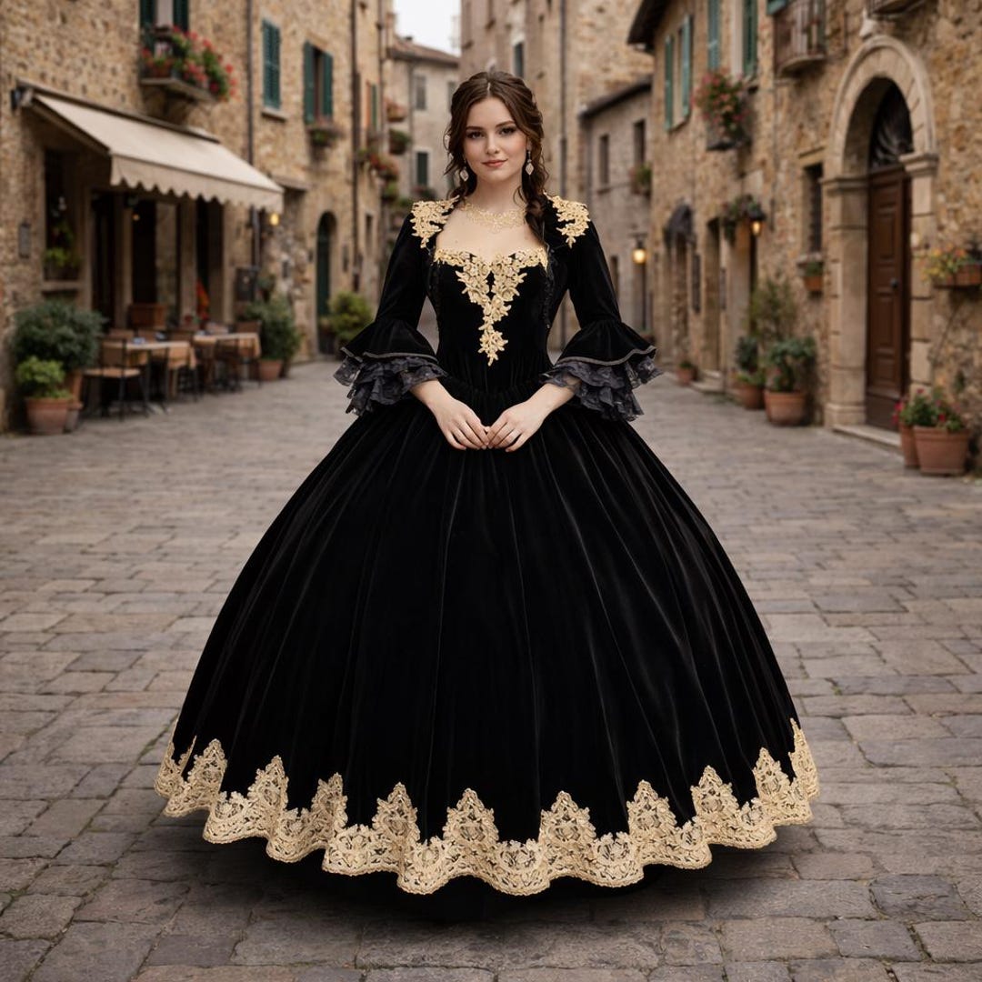 Black Velvet Victorian Gothic Wedding Dress | Medieval Lace Bridal Gown ...
