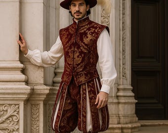 Disfraz de príncipe renacentista / Conjunto de chaleco de brocado y pantalones de calabaza