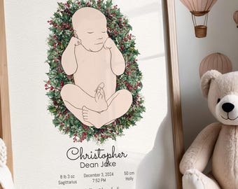 Könnte beinhalten: Ein gerahmter Druck mit einer Babyillustration, umgeben von einem grünen Kranz mit roten Beeren. Der Name des Babys, die Geburtsdaten und die Maße sind unten abgebildet. Der Druck befindet sich in einem hellen Holzrahmen. Der Hintergrund zeigt Heißluftballon-Wandtattoos.