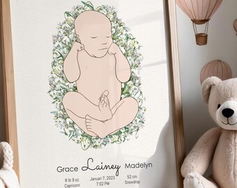 Puede incluir: Un cuadro con una ilustración de bebé rodeada de elementos florales. La impresión incluye el nombre del bebé, la fecha y hora de nacimiento, el peso (3,9 kg) y la longitud (62 cm). La habitación está decorada con calcomanías de globos aerostáticos y osos de peluche.