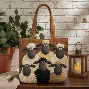 May include: A brown tote bag with a quilted sheep design. The bag features six sheep with white, tan, and black wool, and dark gray faces. The bag has a brown handle and is set against a brick wall.