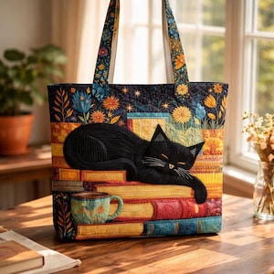 以下が含まれることがあります： 本の上に寝ている黒猫が特徴のキルトトートバッグ。バッグは花柄と星空のデザインで、お揃いのハンドルが付いています。カラフルなマグカップも写っています。