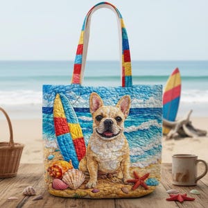 Può includere: Una borsa tote trapuntata con un bulldog francese sorridente su una scena di spiaggia con conchiglie e tavole da surf. La borsa ha un manico colorato e uno sfondo blu che raffigura l'oceano. La borsa è in tessuto.