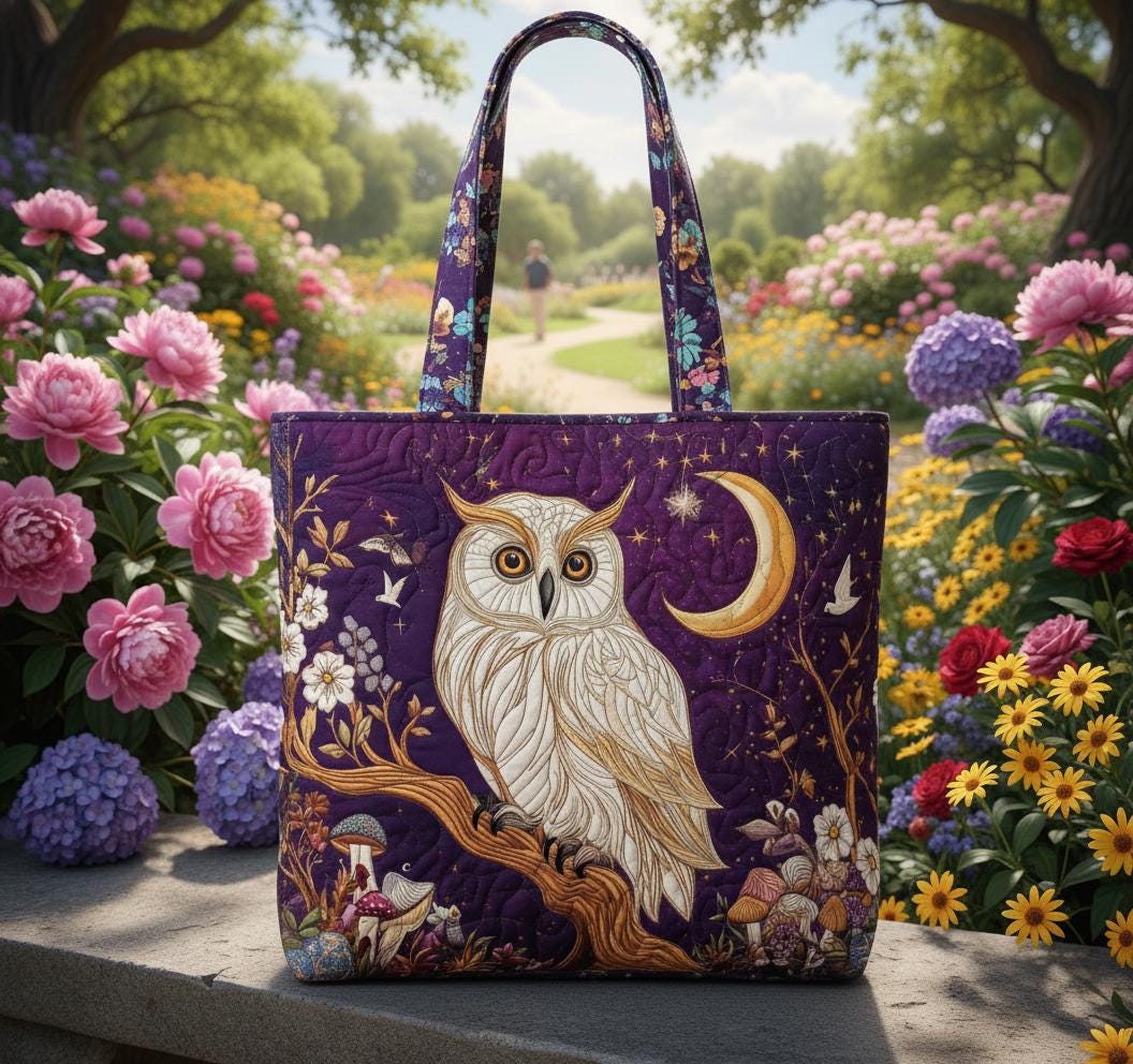Owl Quilted Tote Bag, Moon Night Owl Patchwork Tote, Cottagecore Owl Fabric Tote, Mystical Owl Quilt