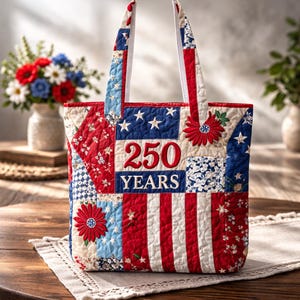 Peut inclure: Sac fourre-tout matelassé avec un motif patchwork rouge, blanc et bleu. Il présente un panneau central avec "250 YEARS" brodé en rouge, entouré de motifs d'étoiles et de rayures. Comprend des appliqués de fleurs rouges et des anses blanches.