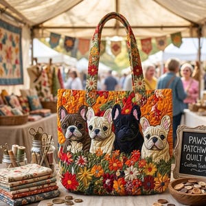 Può includere: Borsa tote trapuntata con quattro facce di bulldog francesi e un motivo floreale. I manici e lo sfondo della borsa presentano un motivo floreale arancione, rosso e verde. La borsa è esposta in un mercato all'aperto.