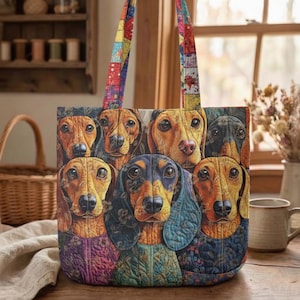Può includere: Una borsa tote trapuntata con un collage di facce di cani bassotti. La borsa ha manici patchwork colorati e un design trapuntato. I cani hanno pelo marrone e nero e indossano abiti trapuntati colorati.
