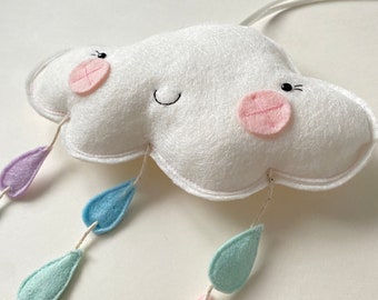 Large Happy Cloud Wall Hanging with Pink Cheeks and Pastel Raindrops, Felt Cloud Wall Hanging Decoration, 18cm wide, Nursery Cloud Decor