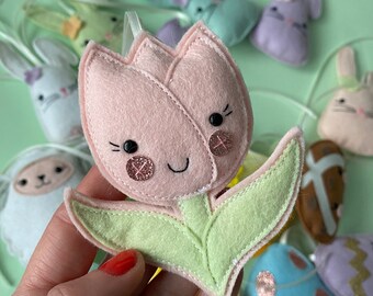 Easter Felt Tulip Decoration with Ribbon for hanging, kawaii tulip decoration, pastel tulip.