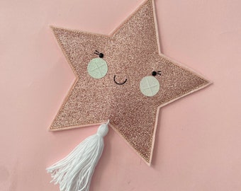 Large Pink Glitter Star Wall Hanging Decoration with White tassel, Kawaii Star Decoration, Pink Nursery Star.