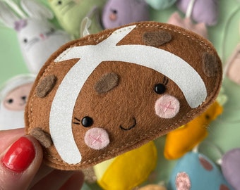 Hot Cross Bun Felt Decoration with ribbon attached for hanging, kawaii bun decor