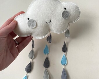 Large Happy Cloud Wall Hanging with Grey Cheeks and Blue and Grey Raindrops, Felt Cloud Wall Hanging Decoration, 18cm wide, Nursery Decor,