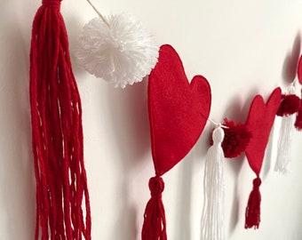 Red Heart Wall Hanging with Tassels and Pom Poms,  Wedding Wall Hanging, Engagement wall hanging, Wedding decor, Valentines Decor