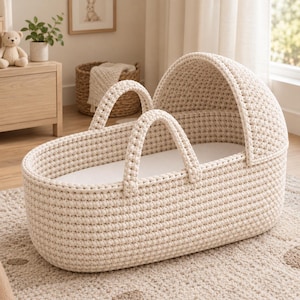 Mönster för virkade Moses-korg med huva, nybörjarvänlig PDF för baby, handledning för modern babynest