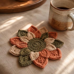 May include: A round, crocheted coaster shaped like a flower with a dark olive green center. The petals are arranged in layers and feature alternating colors of burnt orange, sage green, and cream, creating a textured, multi-layered floral design.