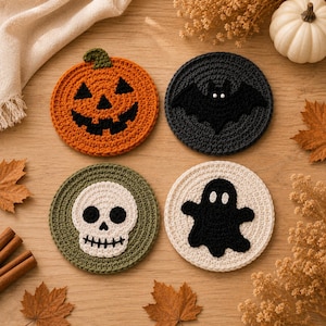 May include: Four circular crochet coasters featuring Halloween designs: an orange jack-o'-lantern, a black bat, a green coaster with a white skull, and a white coaster with a black ghost. Each coaster is crafted with detailed yarn stitching.