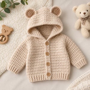 May include: A beige crochet hooded cardigan featuring long sleeves, a ribbed hem, and four wooden buttons down the front. The hood is designed with two small, rounded bear ears that have a darker brown centre, creating a textured, knit appearance.