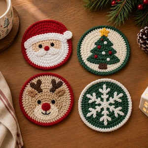 Könnte beinhalten: Vier runde Häkeluntersetzer mit weihnachtlichen Motiven: ein Weihnachtsmanngesicht mit roter Mütze, ein grüner Tannenbaum mit gelbem Stern, ein beiges Rentier mit braunem Geweih und roter Nase sowie eine weiße Schneeflocke auf dunkelgrünem Grund.