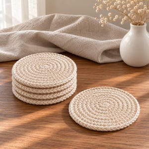Op de afbeelding: Een set van vijf ronde, beige onderzetters van gevlochten touw. Vier onderzetters zijn in een verticale stapel geplaatst, terwijl één enkele onderzetter plat naast de stapel ligt. De onderzetters hebben een spiraalpatroon van dik koord.