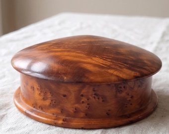 Vintage Burl Wood Round Trinket Box, Turned Wooden Lidded Jewelry Box, Sculptural Decorative Storage, Natural Wood Vanity Container