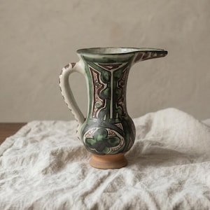 Vintage Punter Art Nouveau Pottery Pitcher, Hand Painted Green Terracotta Jug, Spanish Ceramic Vase, Collector Rustic Decor
