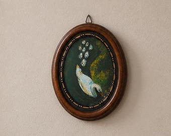Dipinto originale ad olio di un cigno, miniatura di un uccello, quadro ovale con cornice, opera d'arte murale dipinta a mano, arredamento cottagecore, piccolo dipinto naturalistico