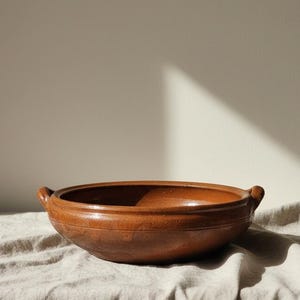 May include: A brown ceramic bowl with two small handles, set on a neutral-toned, textured fabric. The bowl has a simple design and a warm, earthy colour. The interior is dark, and the exterior has a rustic appearance. Suitable for serving or display.