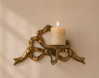 Portacandele da parete vintage in ottone con nastro, applique in stile Hollywood Regency, mensola portacandele a forma di fiocco, arredamento country francese, portacandele in ottone decorato