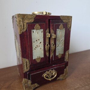 Vintage Chinese Jewelry Cabinet Wooden Keepsake Box Jade Panels Brass Mounted Miniature Apothecary Chest Asian Decor Locking Box image 4