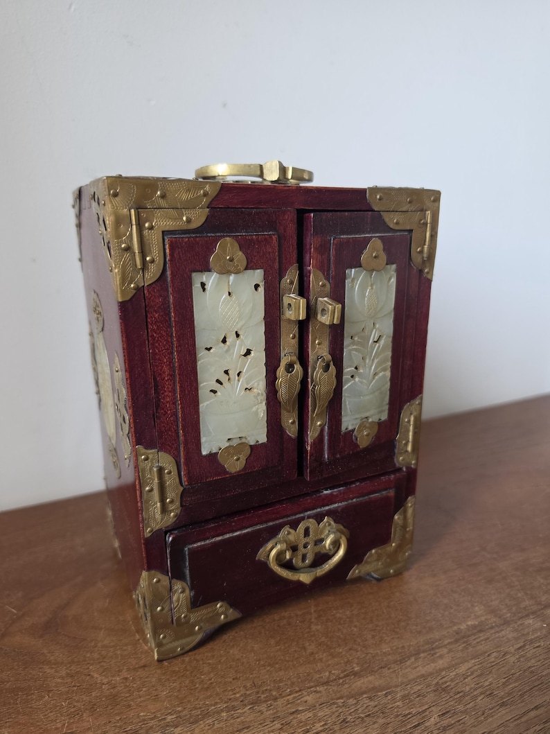 Vintage Chinese Jewelry Cabinet Wooden Keepsake Box Jade Panels Brass Mounted Miniature Apothecary Chest Asian Decor Locking Box image 4