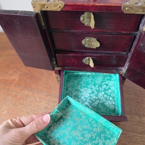 Vintage Chinese Jewelry Cabinet Wooden Keepsake Box Jade Panels Brass Mounted Miniature Apothecary Chest Asian Decor Locking Box image 11