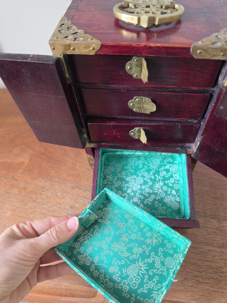 Vintage Chinese Jewelry Cabinet Wooden Keepsake Box Jade Panels Brass Mounted Miniature Apothecary Chest Asian Decor Locking Box image 11