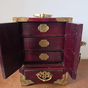 Vintage Chinese Jewelry Cabinet Wooden Keepsake Box Jade Panels Brass Mounted Miniature Apothecary Chest Asian Decor Locking Box image 6
