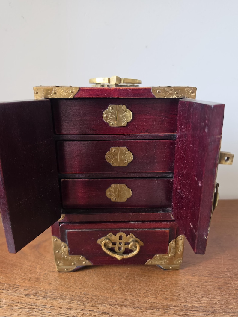 Vintage Chinese Jewelry Cabinet Wooden Keepsake Box Jade Panels Brass Mounted Miniature Apothecary Chest Asian Decor Locking Box image 6