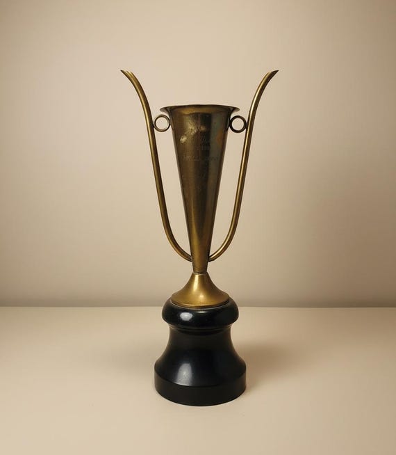 Vintage Brass Trophy with Black Turned Wood Base – Mid Century Decorative Award Sculpture, Collectible Statement Decor, 17.5” Tall