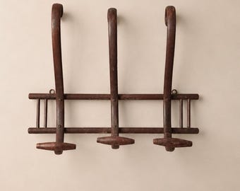 Antique French Wooden Wall Hook Rack, Rustic Farmhouse Coat Hooks, Primitive Entryway Organizer, Country Cottage Wall Storage, Folk Decor
