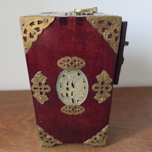 Vintage Chinese Jewelry Cabinet Wooden Keepsake Box Jade Panels Brass Mounted Miniature Apothecary Chest Asian Decor Locking Box image 16
