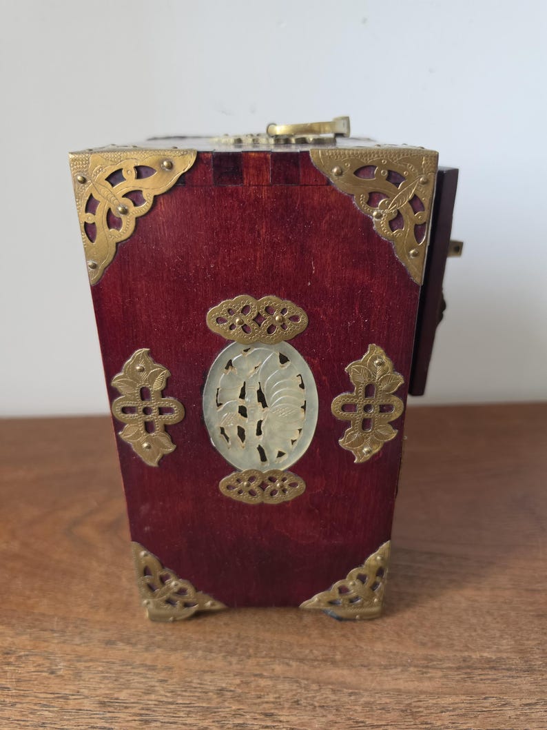 Vintage Chinese Jewelry Cabinet Wooden Keepsake Box Jade Panels Brass Mounted Miniature Apothecary Chest Asian Decor Locking Box image 16