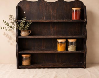 Mensola da parete in legno vintage, porta spezie in stile rustico, mensola espositiva in legno scuro, mensola rustica a muro, organizer da cucina in stile fattoria