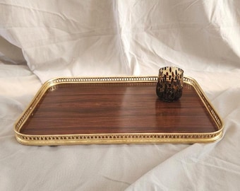 Vintage Gold Gallery Tray, Hollywood Regency Serving Tray, Faux Wood Brass Vanity Tray, Bar Cart Coffee Table Decor