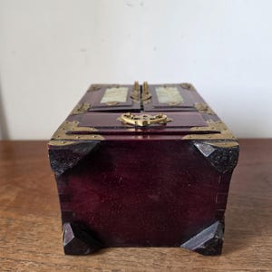 Vintage Chinese Jewelry Cabinet Wooden Keepsake Box Jade Panels Brass Mounted Miniature Apothecary Chest Asian Decor Locking Box image 17