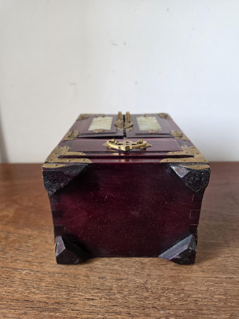 Vintage Chinese Jewelry Cabinet Wooden Keepsake Box Jade Panels Brass Mounted Miniature Apothecary Chest Asian Decor Locking Box image 17