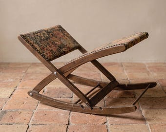 Taburete plegable francés vintage con estampado floral, reposapiés mecedor tapizado, taburete de madera de 3 posiciones, decoración de sala de estar con tela de tapiz