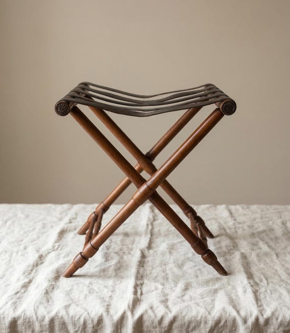 Vintage Folding Campaign Stool, Wood and Leather Strap Folding Chair, Portable Travel Stool, Rustic Wooden Folding Seat