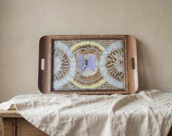 RARE Vintage Butterfly Wing Tray | Vintage Brazilian Butterfly Wing Tray | Real Butterfly Mosaic Under Glass | Mid Century Wood Serving Tray