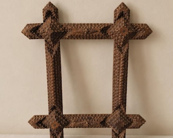 Antique Tramp Art Picture Frame Hand Carved Wood Folk Art Chip Carved Rustic Primitive Photo Frame Victorian Decor