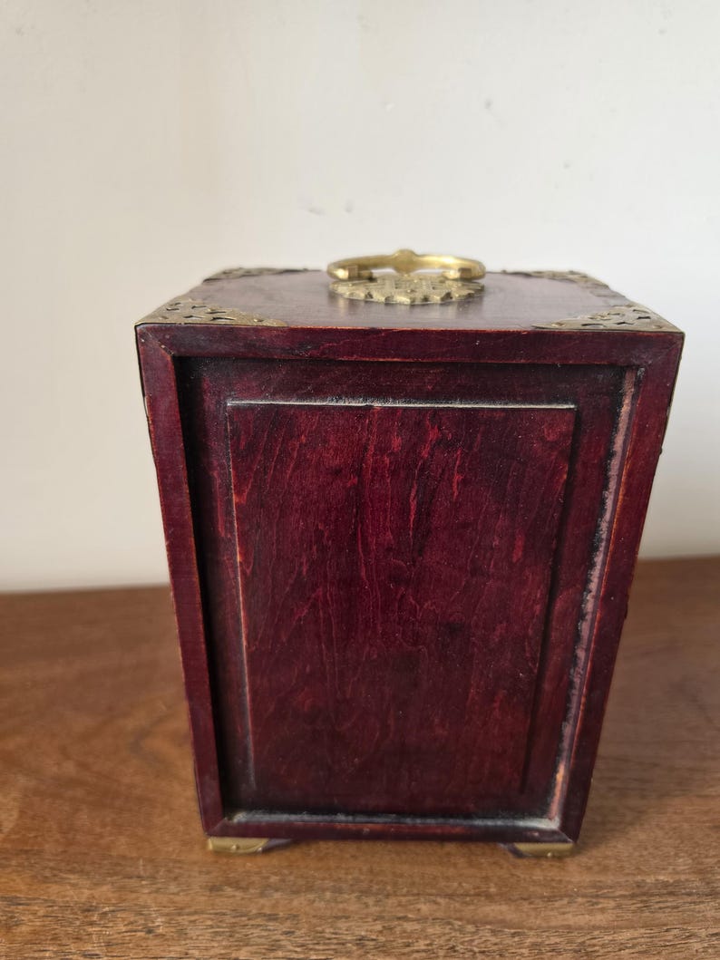 Vintage Chinese Jewelry Cabinet Wooden Keepsake Box Jade Panels Brass Mounted Miniature Apothecary Chest Asian Decor Locking Box image 15